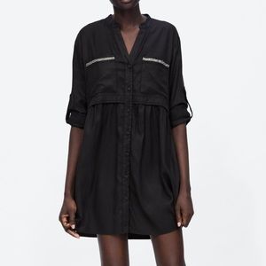 • Black Lightweight Denim Shirt Dress w/ Glitter Detail Pockets Roll Tab Sleeve